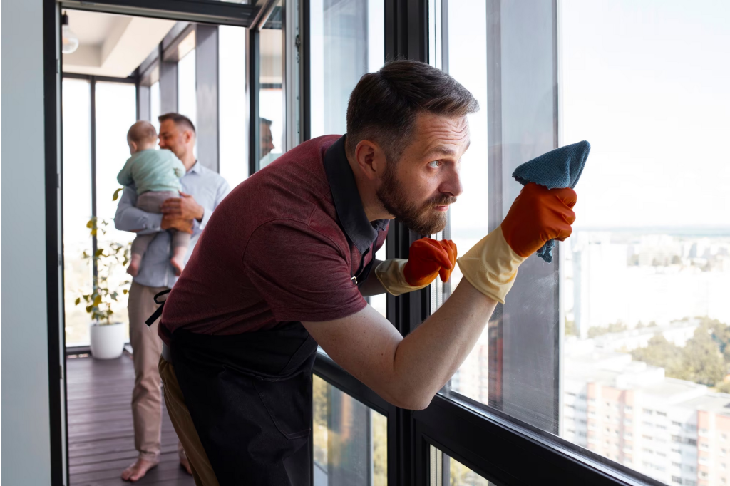 Un homme nettoyant une vitre avec un bébé dans ses bras, sans se fatiguer.